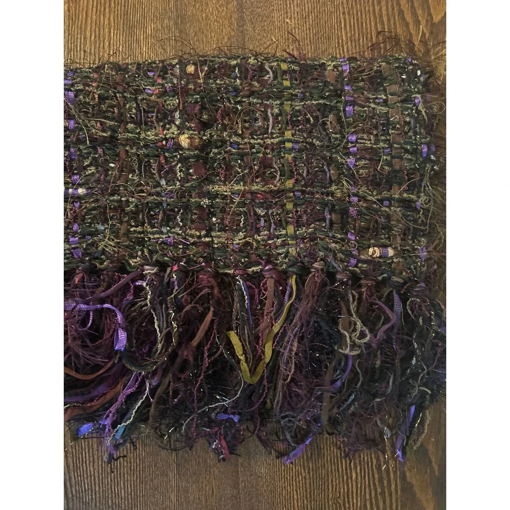 Shepatin Artisan Woven Fringe Scarf Purple Brown Multi Texture Boho Ribbon Wrap